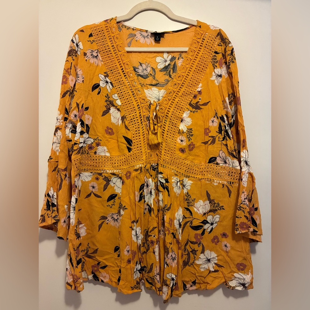 Torrid Boho Floral Crochet-Trim Peasant Top - Mustard